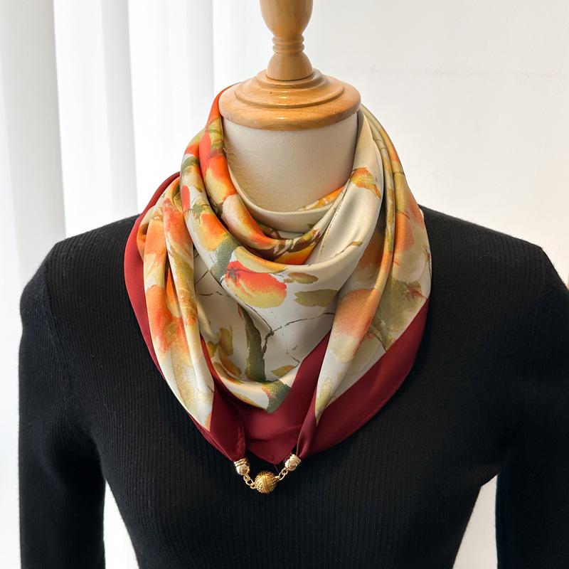 Magnetic Buckle Silk Neck Scarf: Triangle Design for Women, 70x70cm, Lightweight Spring/Summer/Autumn Accessory