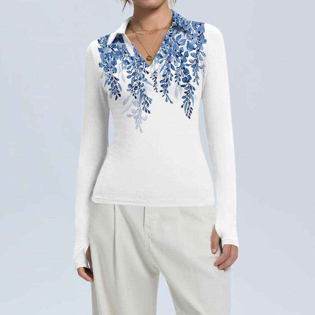 Women's Fashion Casual Print V-Neck Long Sleeve Button-Down Top