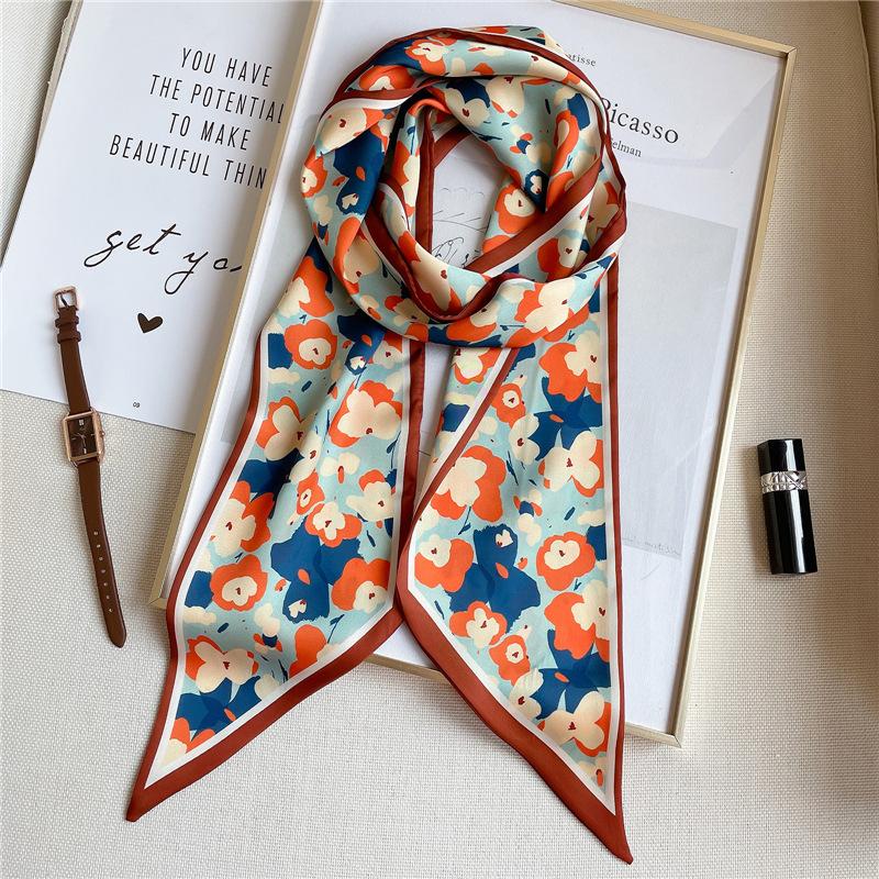 Printed silk scarf Korean version narrow scarf silk scarf double-layer double-sided scarf long scarf tied hair elegant headscarf women tied bag summer