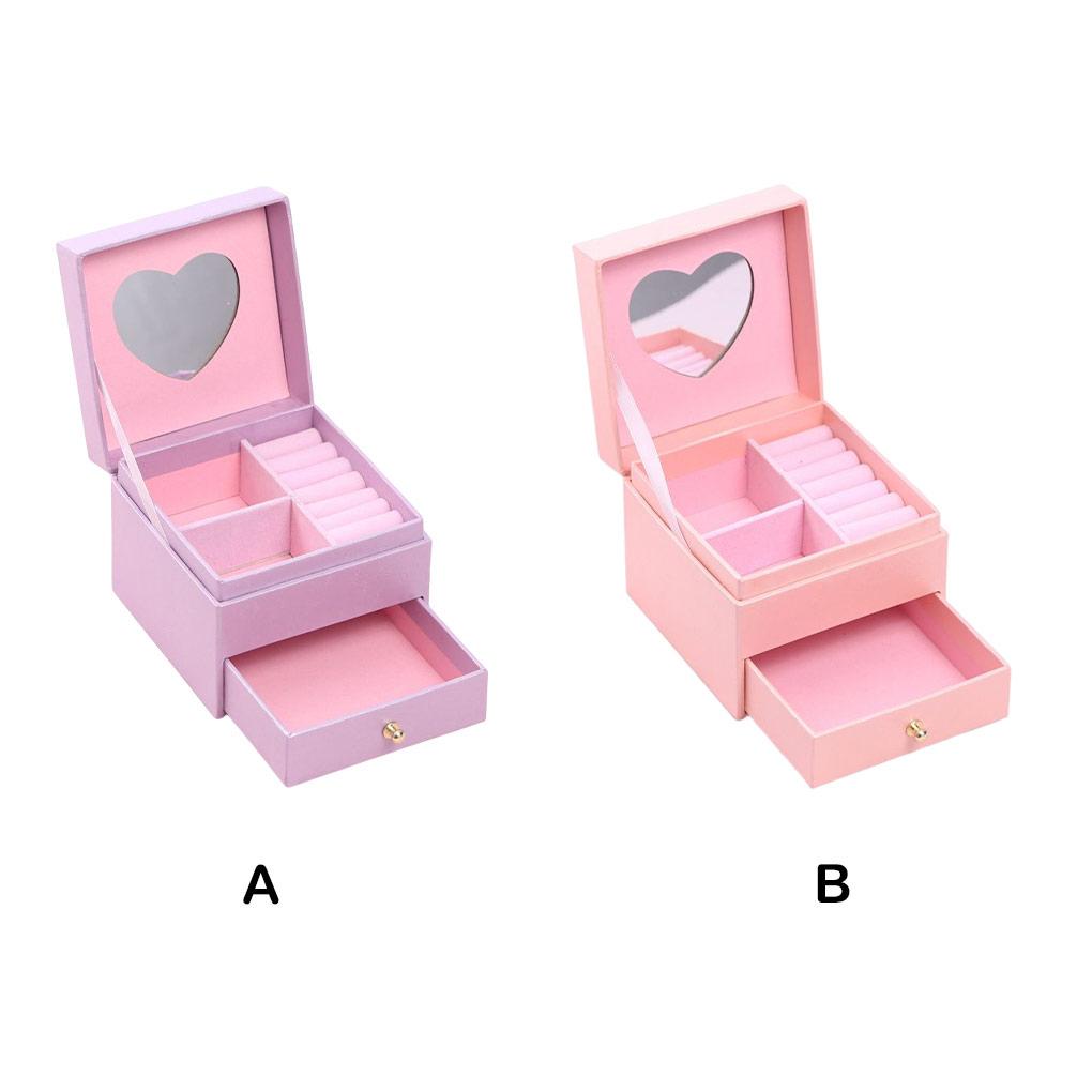 Jewelry Double-layer Grids Box Case Display Heart-shape Mirror Drawer Container Storing Fashionable Collection Gift