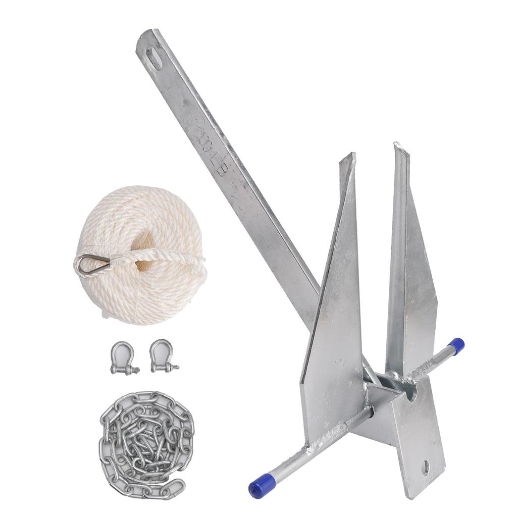 10 Lbs Steel Slide Anchor Hot-Dipped Anchor Kit Chain&Rope Set Silver For Boat