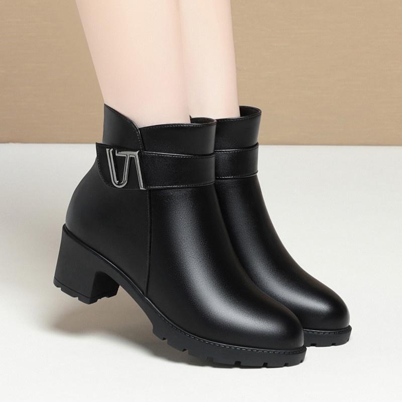 Fashion Comfort Soft Leather Women Round Toe Zipper Anti-slip Middle Heel Short Boots Winter Warm Thick Wool Thick Sole Snow Boots