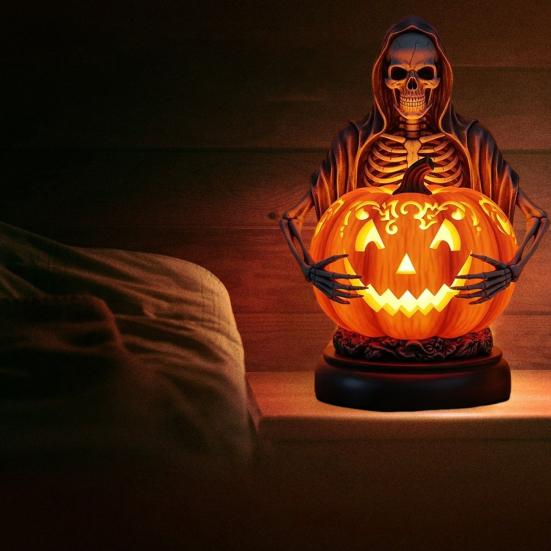 Halloween Pumpkin Light Resin Skeleton Ghost Witch Pumpkin Lantern Gothic Curved Pumpkin Night Light for Home Tabletop Desk Decor