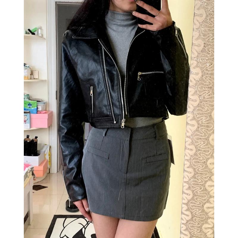 Классическая американская куртка для мотоциклистов для женщин, приталенная короткая куртка из искусственной кожи на молнии