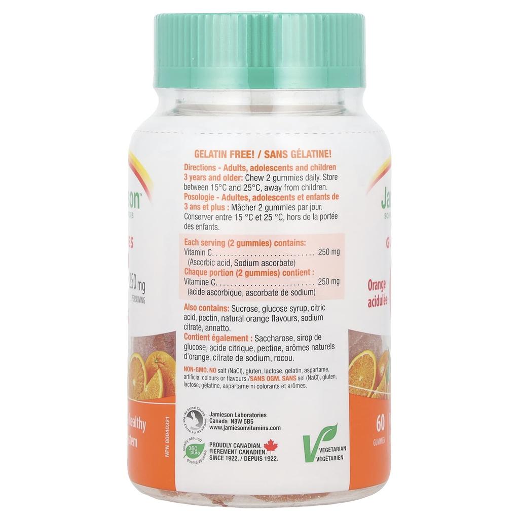 Jamieson Vitamins, жевательные конфеты с витамином C, со вкусом апельсина, 250 мг, 60 жевательных конфет (125 мг на жевательную резинку)