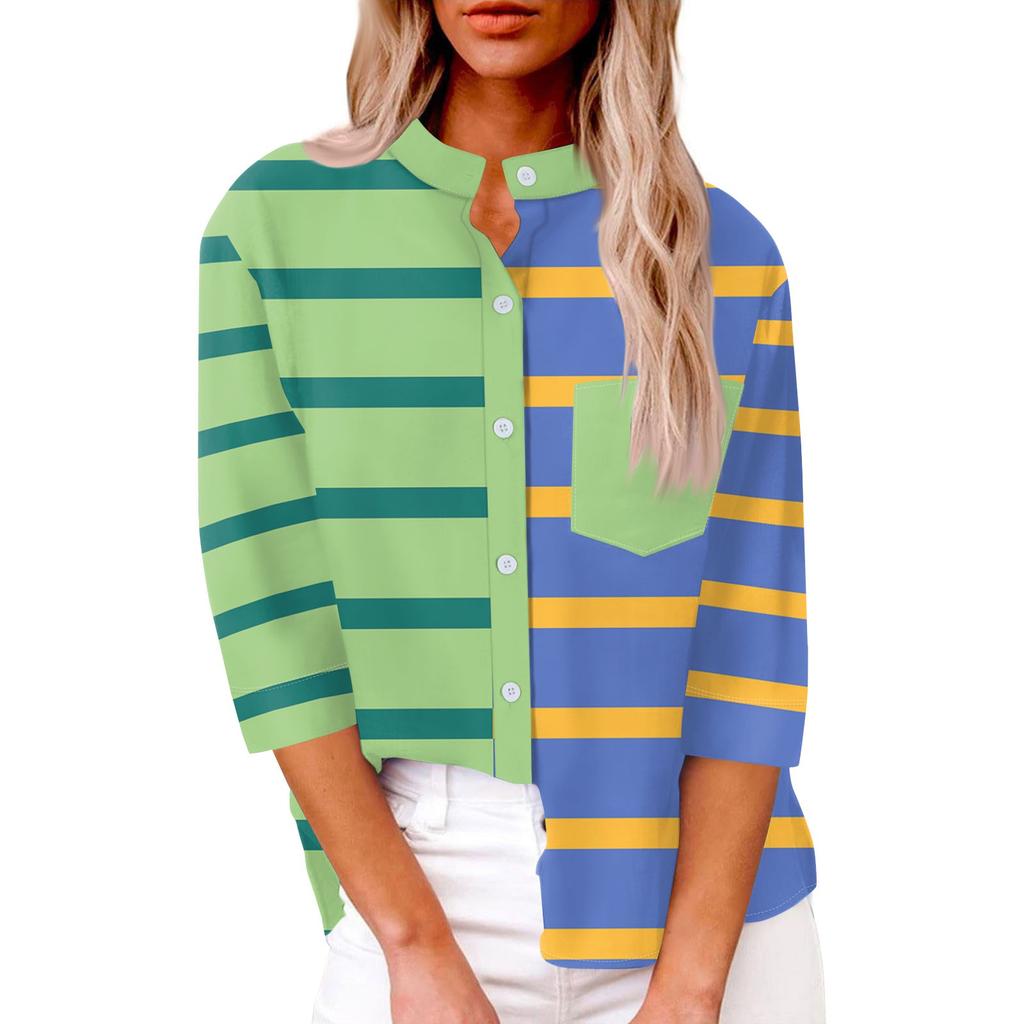 Women's Fashion Casual Shirt Button Loose Seven Sleeve Striped Patchwork Printed Top