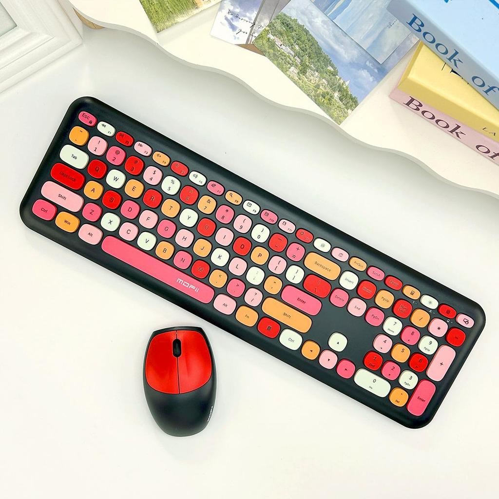Mofii Беспроводная мышь и клавиатура, набор круглых клавиш, цветная клавиатура, женская офисная беспроводная клавиатура, полноразмерная клавиатура для пишущей машинки