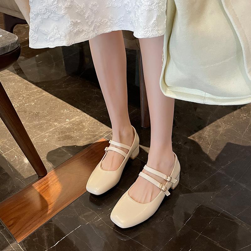 Весенние новые туфли на высоком толстом мм каблуке, на толстом каблуке с квадратной головкой, женская обувь Мэри Джейн в стиле ретро, ​​утолщающая и расширяющая женская обувь большого размера