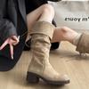 Натуральная овчина~ 2025 Пустошь ветер бахрома рыцарские сапоги толстый каблук но ботфорты тонкий ворс полусапожки женщины