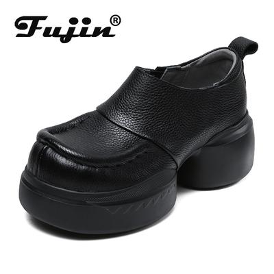 Fujin/женская осенняя обувь 6 см, женская обувь без шнуровки из коровьей кожи, новая модная женская обувь на танкетке в этническом стиле, круглая весенняя обувь Мэри Джейн
