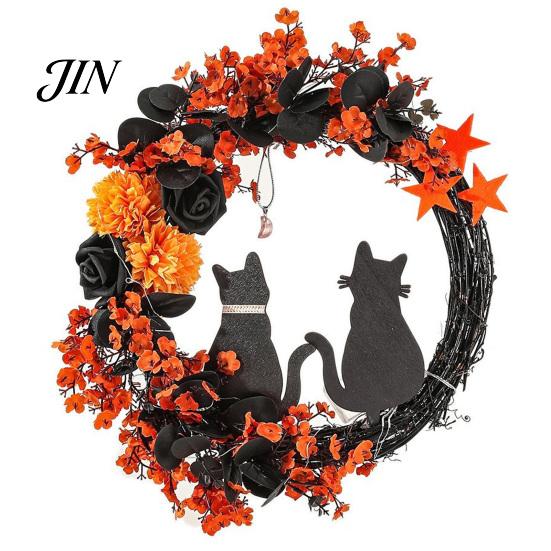 Spooky Cat And Moon Garland Halloween Floral Garland, with String Lights, Black Silhouette Maple Leaf Wreath, for Front Door Indoor Outdoor Wall Decor
