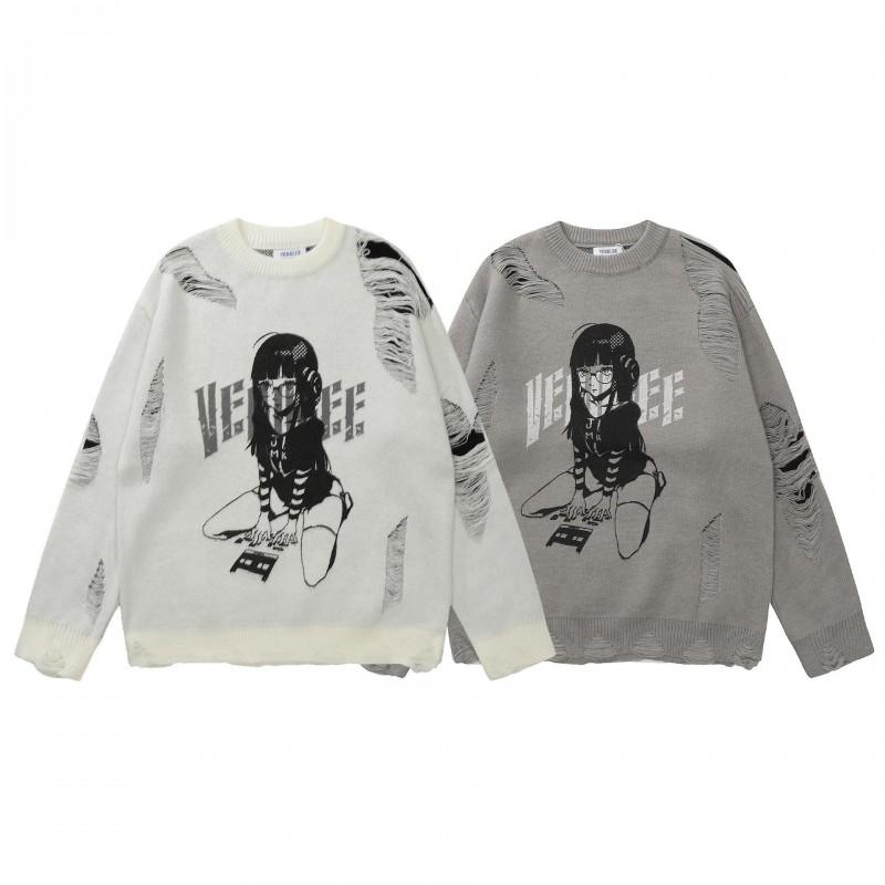 Unisex Oversized Anime-Inspired Knit Sweater With Graphic Print Warm Winter Pullover Teens Young Adults