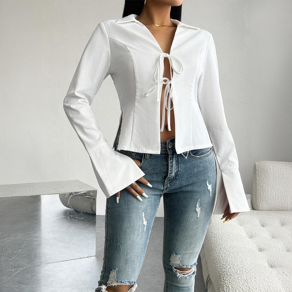 Осенне-зимний женский темпераментный повседневный однотонный кардиган с расклешенными рукавами и галстуком