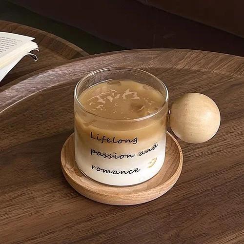 Стеклянная чашка Кружка для кофе Galsses Чашка с блюдцем Бытовая термостойкая чашка Большая емкость Шарик с деревянной ручкой Стеклянная бутылка для латте