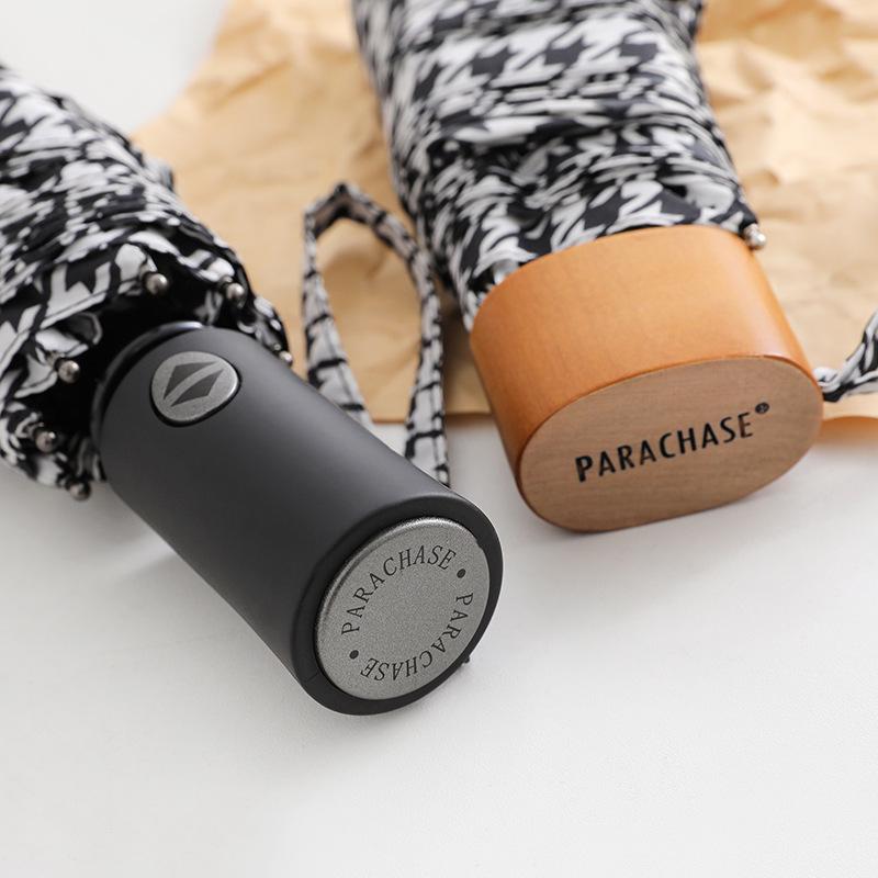 PARACHASE Легкий ветрозащитный зонт в гусиную лапку - Длинная ручка, корейский стиль, защита от солнца и дождя, складной дизайн.