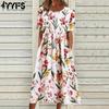 Women's Fashion Summer Spring Flower Pattern Print Short Sleeve O-Neck Middle Waistline Casual Dresses