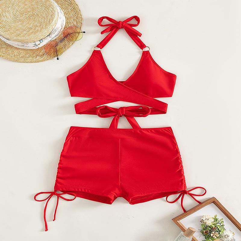 Разноцветный купальник-бикини кросс-халтер 2024 с шортами с плоским вырезом для женщин