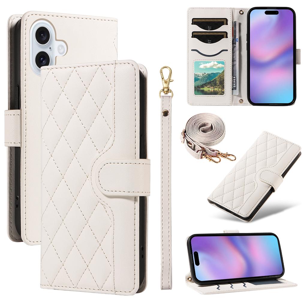For iPhone 17 Wallet Case Rhombus Leather Phone Cover with Strap