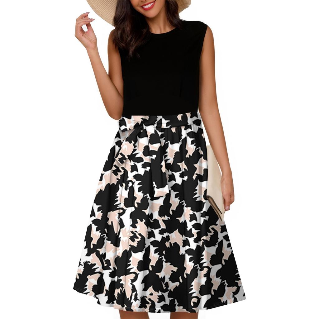 Women's Fashion Casual Lace-up Sleeveless Round Neck Splicing Short Dress