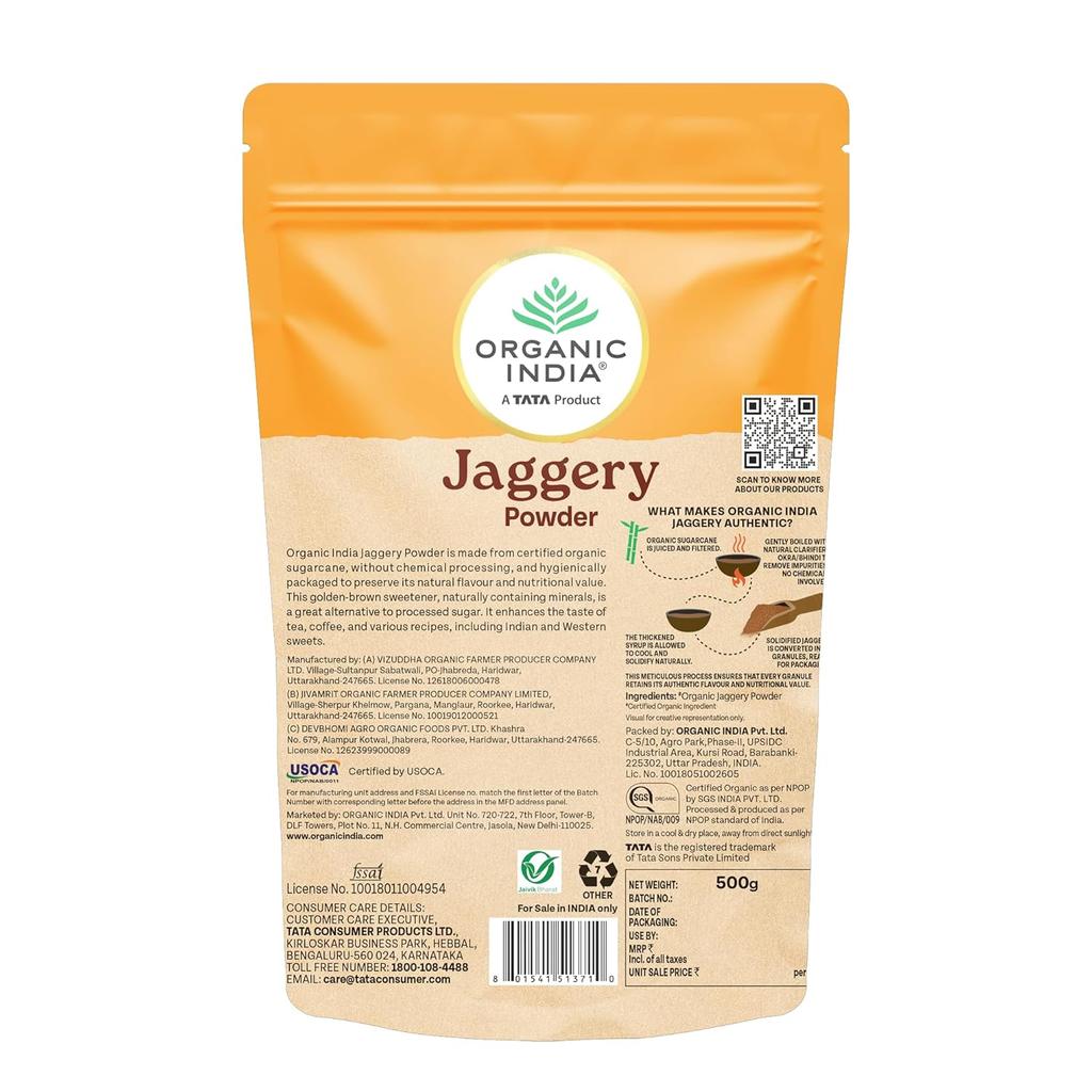 ORGANIC INDIA Порошок джаггери 500 г Упаковка 1 шт. Чистый натуральный заменитель сахара, богатый минералами