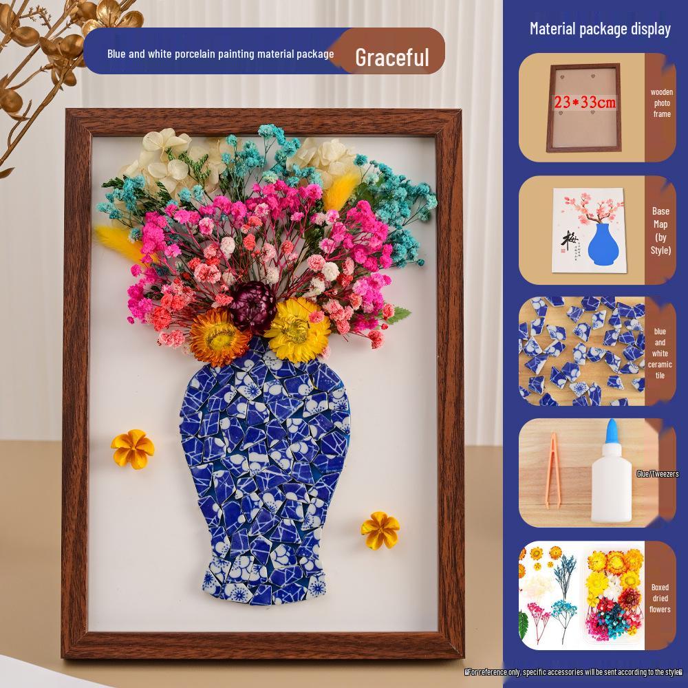 Handmade Blue & White Ceramic Photo Frame DIY Kit with Preserved Dried Flowers - Perfect for Mother's Day or Salon Events