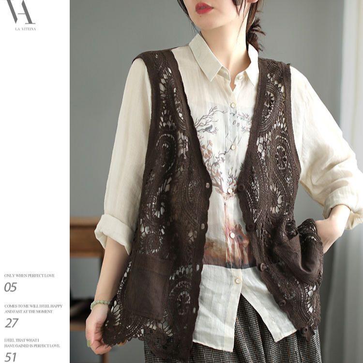 Летний женский кружевной жилет, свободный кардиган с вырезом, жилет в богемном стиле из хлопка с V-образным вырезом, тонкая верхняя одежда