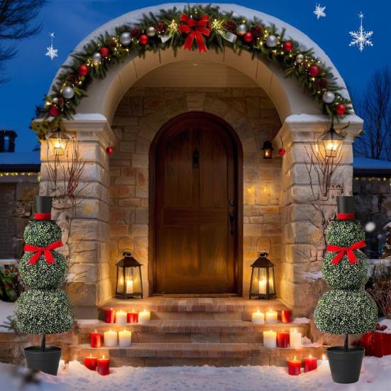Christmas Snowman Topiary Artificial Snowman Shaped Topiary Tree Pot with Red Bow Santa Hat for Indoor Outdoor Home Porch Yard Holiday Decor