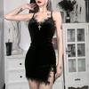 Gothic Dark Cross Black Mini Dress Vintage Sexy Spaghetti Strap High Waist Slit Dresses Goth Party Club Women Dress