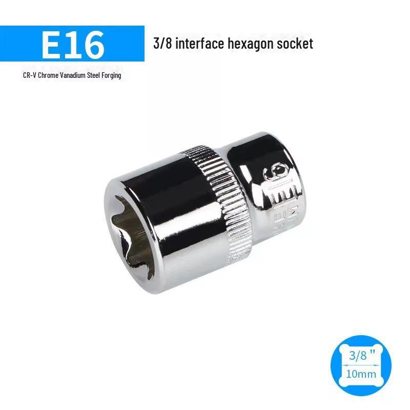 Metric 6-Point Flower-Shaped E-Type Socket Set: 1/2 Large, 3/8 Medium, 1/4 Small, Star Type.