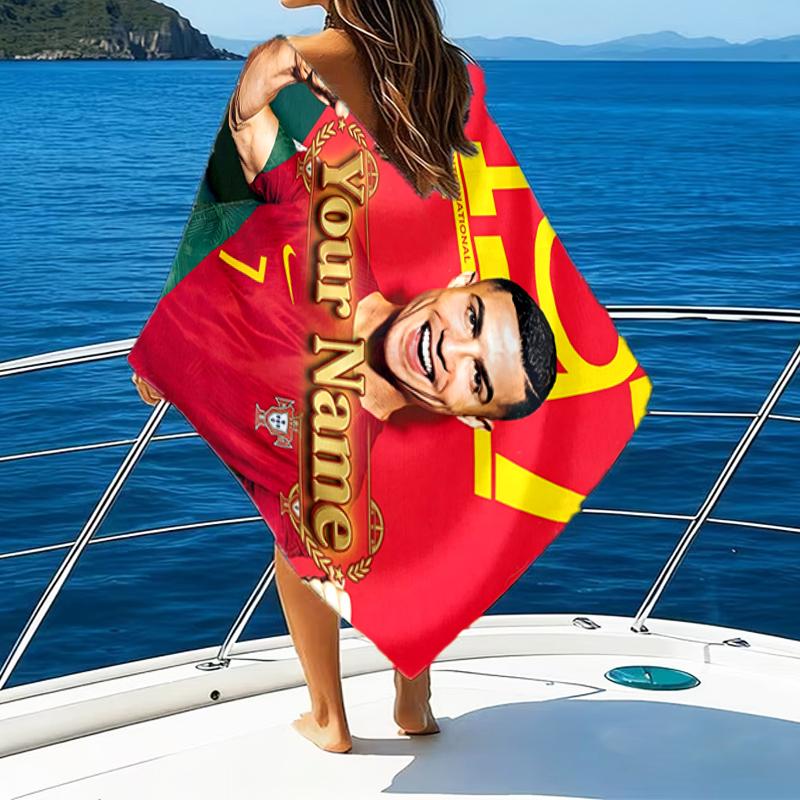 1pc Number 7 Soccer Beach Towel with Custom Name, Beach and Seaside Swimming Pool Equipment, Fashion Pattern, Rectangular, Travel Essential