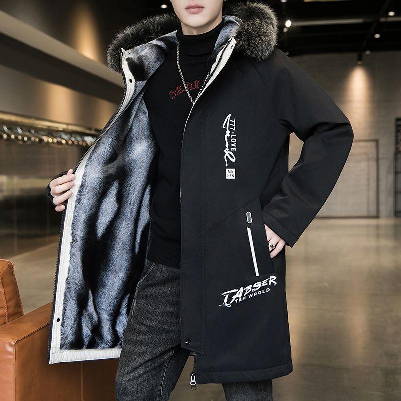 Мужская куртка средней длины с хлопковой подкладкой, плюшевый и утолщенный воротник из большой шерсти, преодолевающий тренд, красивая хлопковая подкладочная куртка с капюшоном для мужчин, зимняя