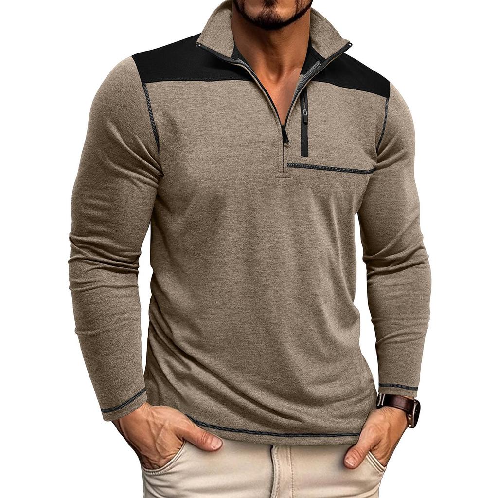 Мужские топы с воротником-стойкой, длинными рукавами, футболки контрастных цветов, свитшоты с застежкой-молнией и нагрудным карманом, повседневная спортивная одежда на осень и весну