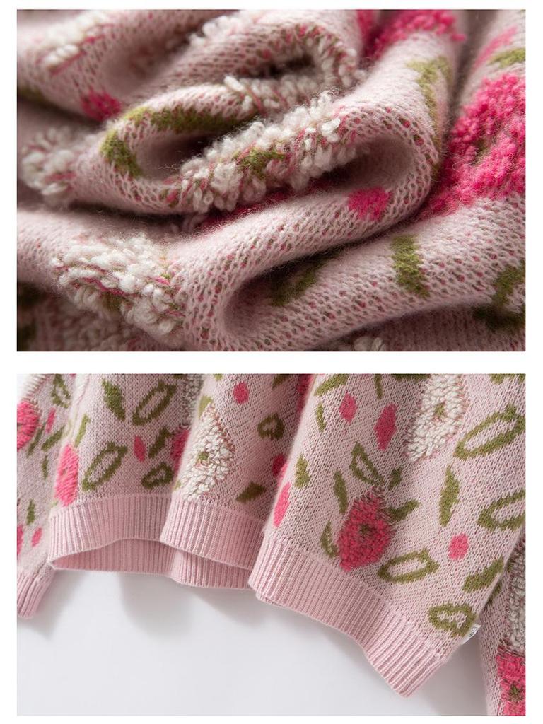 Кашемировый жаккардовый свитер с персиковым цветом, плотный начес, круглый вырез, свободный крой, толстая шерсть.