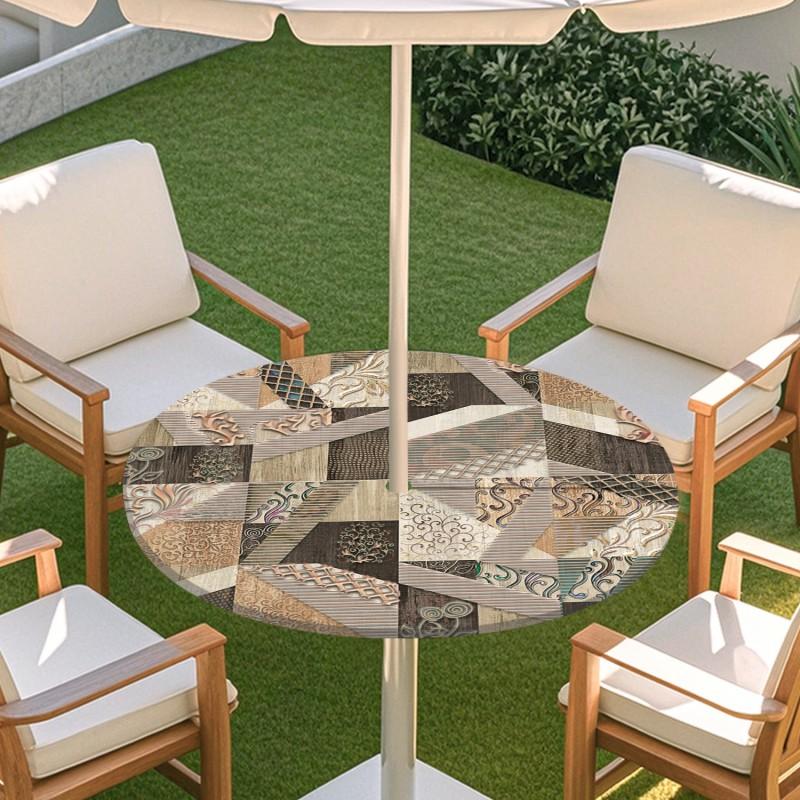 Outdoor Round Tablecloth With Tile Print Waterproof Elastic Edge Patio Garden Dining Table