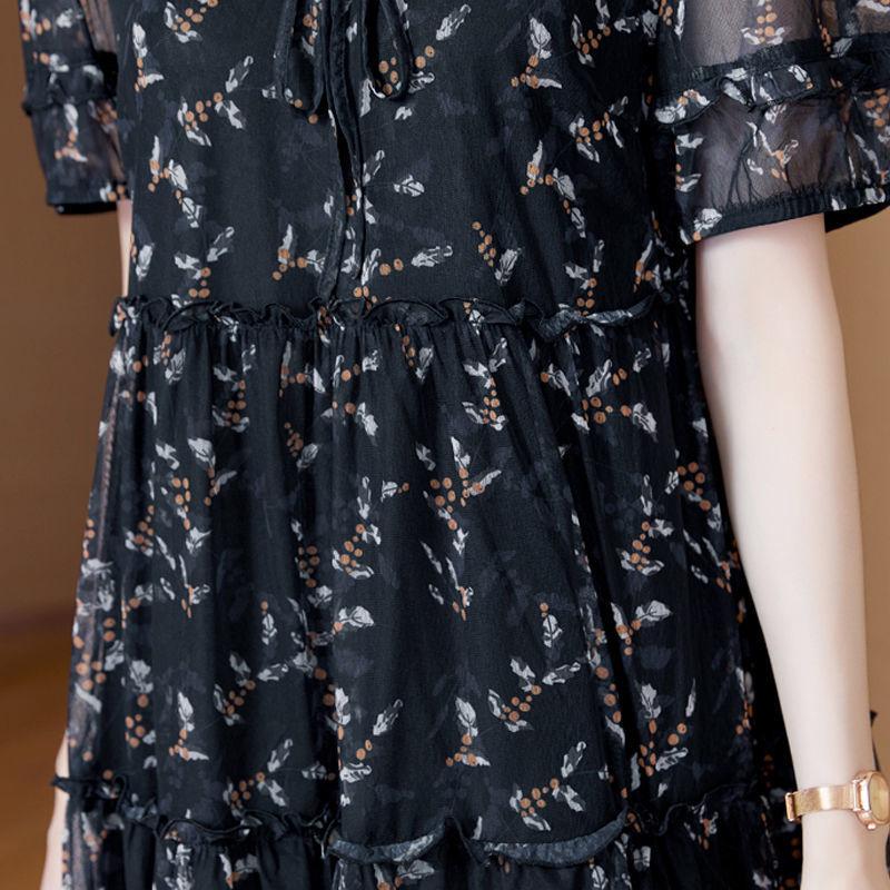 Платье больших размеров Свободное платье с цветочным принтом, закрывающее живот Шифоновое платье Платье с V-образным вырезом