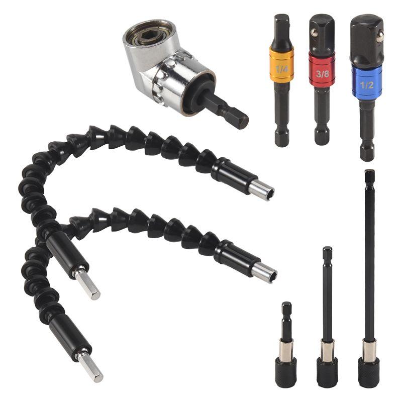 AEE2-Flexible Drill Extension Hex Shank Drill Nut Driver Bit Set, Bendable Drill Bit,Universal Socket Adapter Set