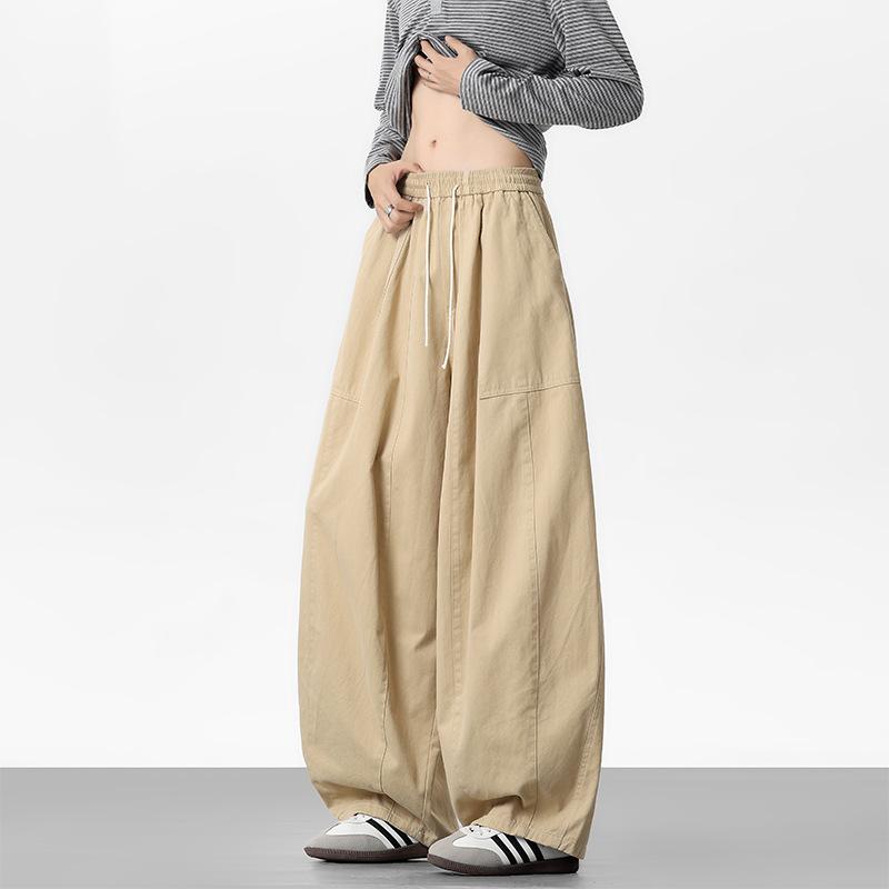 Men Spring Autumn Vintage Cotton Cargo Pants Casual Drawstring Waist Wide leg Pants Street Cityboy Trousers