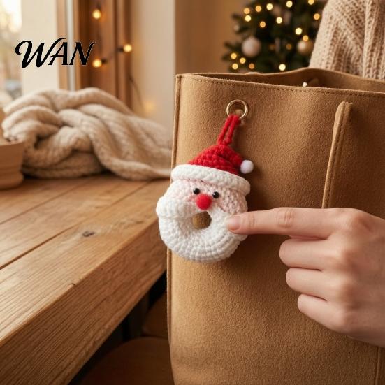 Wool Yarn Holiday Decoration Crochet Christmas Doughnut Keychain, Handmade Santa Claus/Reindeer/Penguin/Bear/Flower Wreath Pendant for Stuffed