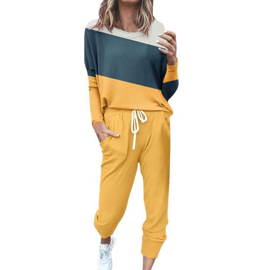 2 шт./комплект женский топ брюки костюм круглый вырез длинный рукав цветной блок спортивный свитшот завязка