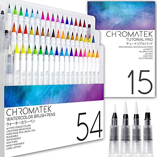 Набор акварельных маркеров Chromatek 54 штуки и блокнот на 15 листов. Настоящие кистевые ручки. 4 кисти для смешивания. Легко смешивать. вибрирующий. Гладкий; плавный. 50 уникальных цветов. профессиональный