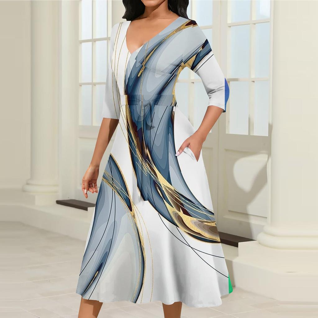 Женское повседневное модное платье миди с V-образным вырезом и рукавом три четверти