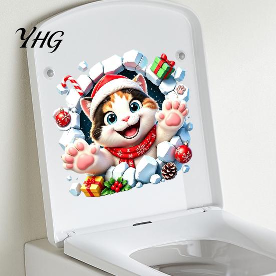 Christmas Theme Home Ornaments Cat Toilet Seat Decal, 3D Break Through Wall Cute Kitten Seasonal Bathroom Transformations Tank Sticker, Self-Adhesive