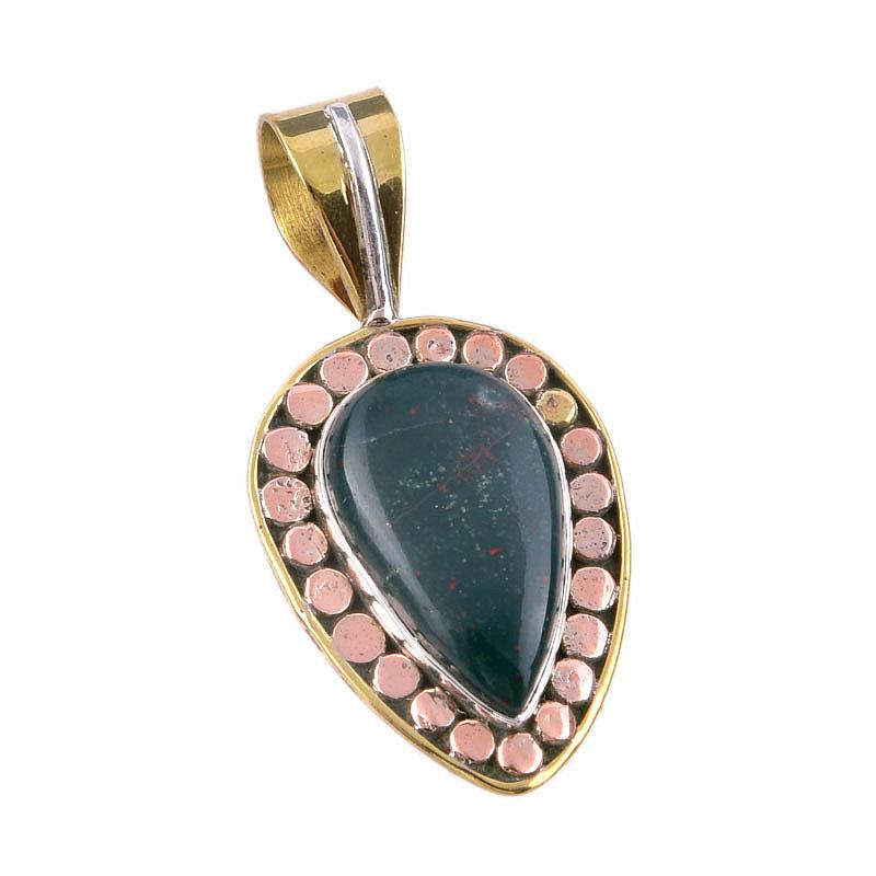 Natural Bloodstone 925 Solid Sterling Silver Jewelry TwoTone Pendant 1.50" I4Q45