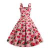 Women Prom Dress Strawberry Print A-line Big Swing Vintage Button Decor Sleeveless Back Zipper High Waist Backless Square Neck Cocktail Midi Dress
