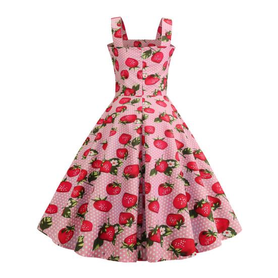 Women Prom Dress Strawberry Print A-line Big Swing Vintage Button Decor Sleeveless Back Zipper High Waist Backless Square Neck Cocktail Midi Dress