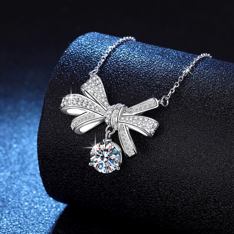 Womens Bow Pendant Necklace 2ct D Color Moissanite Chain Fashion Jewelry