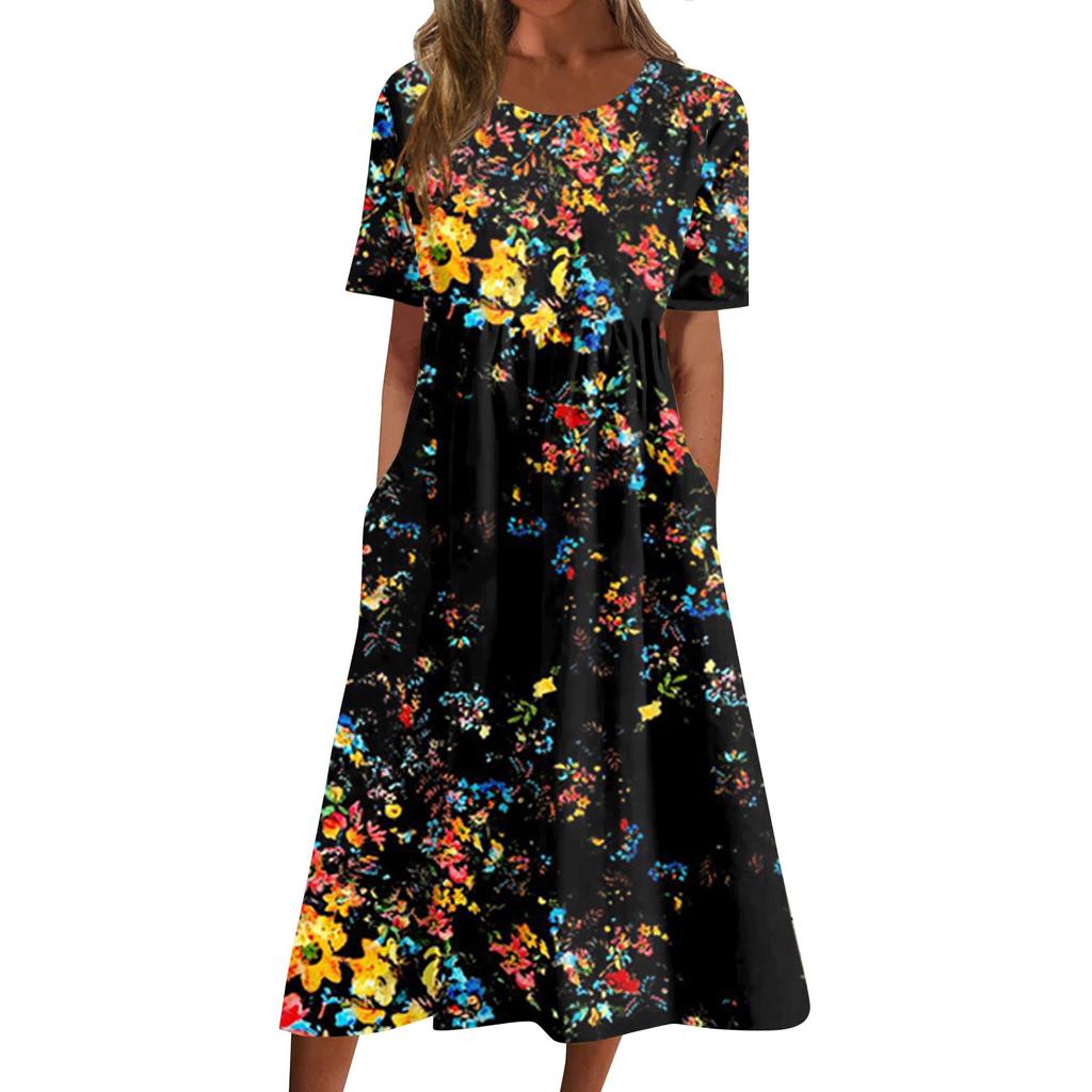 Women's Casual Dresses Printed Dresses Summer Dresses Printed Pleated Round Neck Midi Dresses Basic Classic Outdoor Daily Short Sleeve Loose Dresses