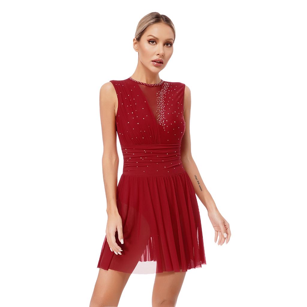 Женское платье для фигурного катания, блестящее, без рукавов, с рюшами для танцевальных соревнований