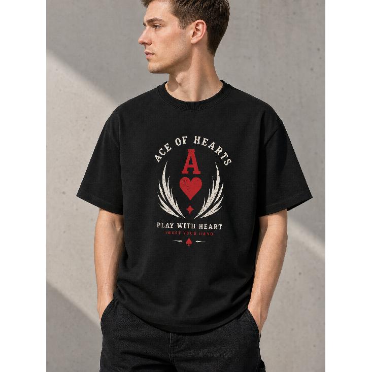 men's black oversized graphic tee with ace of hearts winged design, soft cotton blend, crew neck short sleeve streetwear for casual daily wear