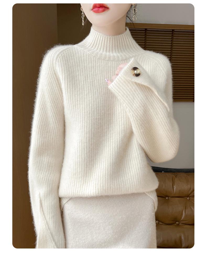 Women's Thick Wool Knit Pullover Sweater - Half-High Neck, Loose Fit, Cozy Style